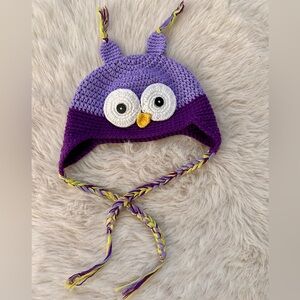 Crocheted Purple Owl Knit Hat with Ear Flaps Baby OS